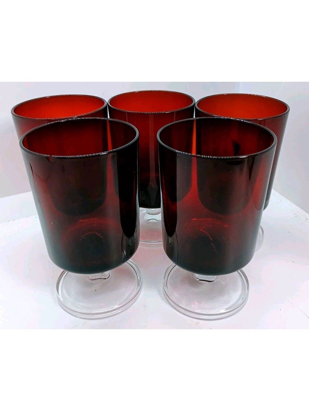 5 Luminarc Arcoroc Cavalier Ruby Red Wine Goblets with Clear Stems France